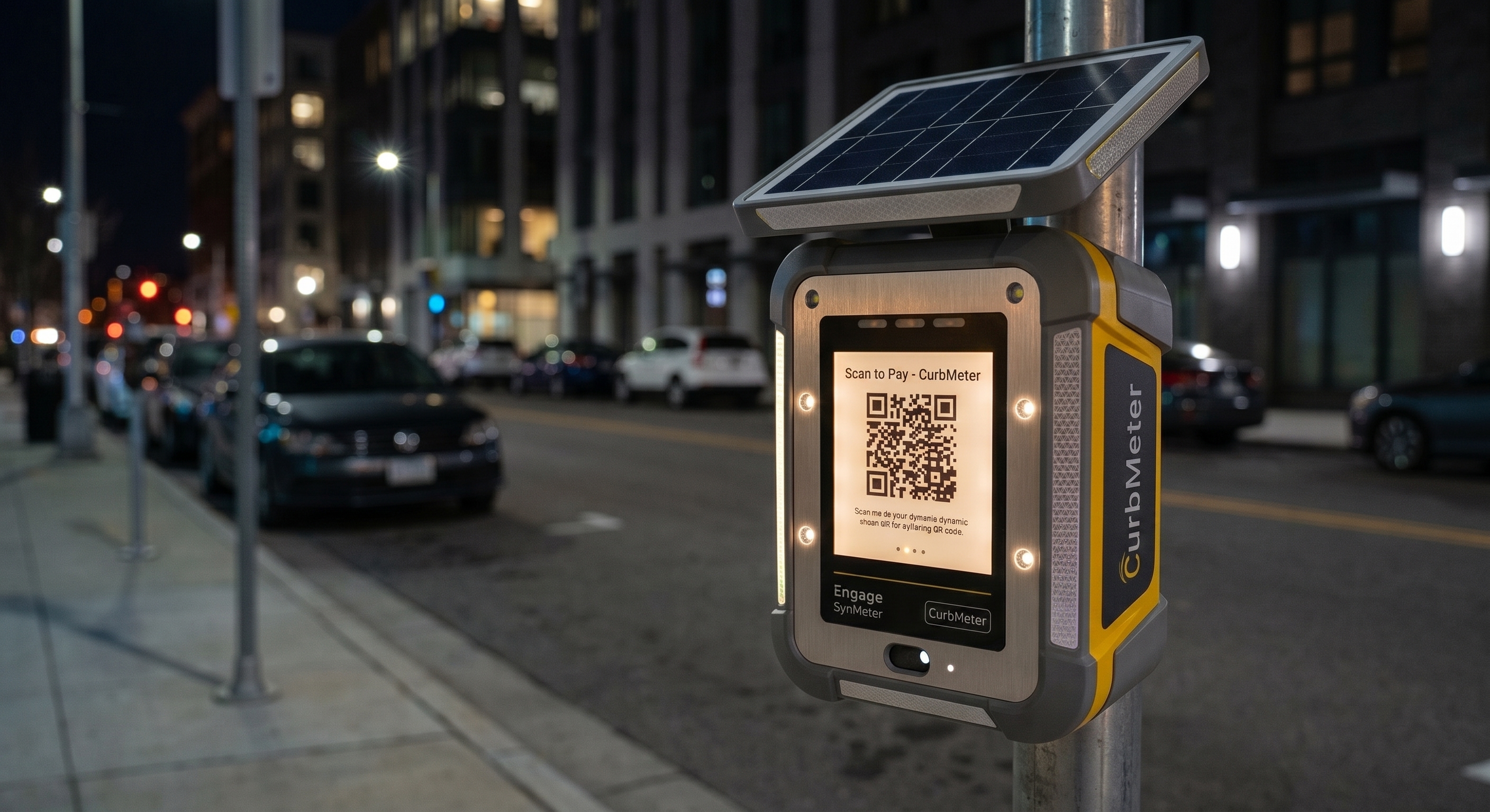 CurbMeterQR Kiosk at night